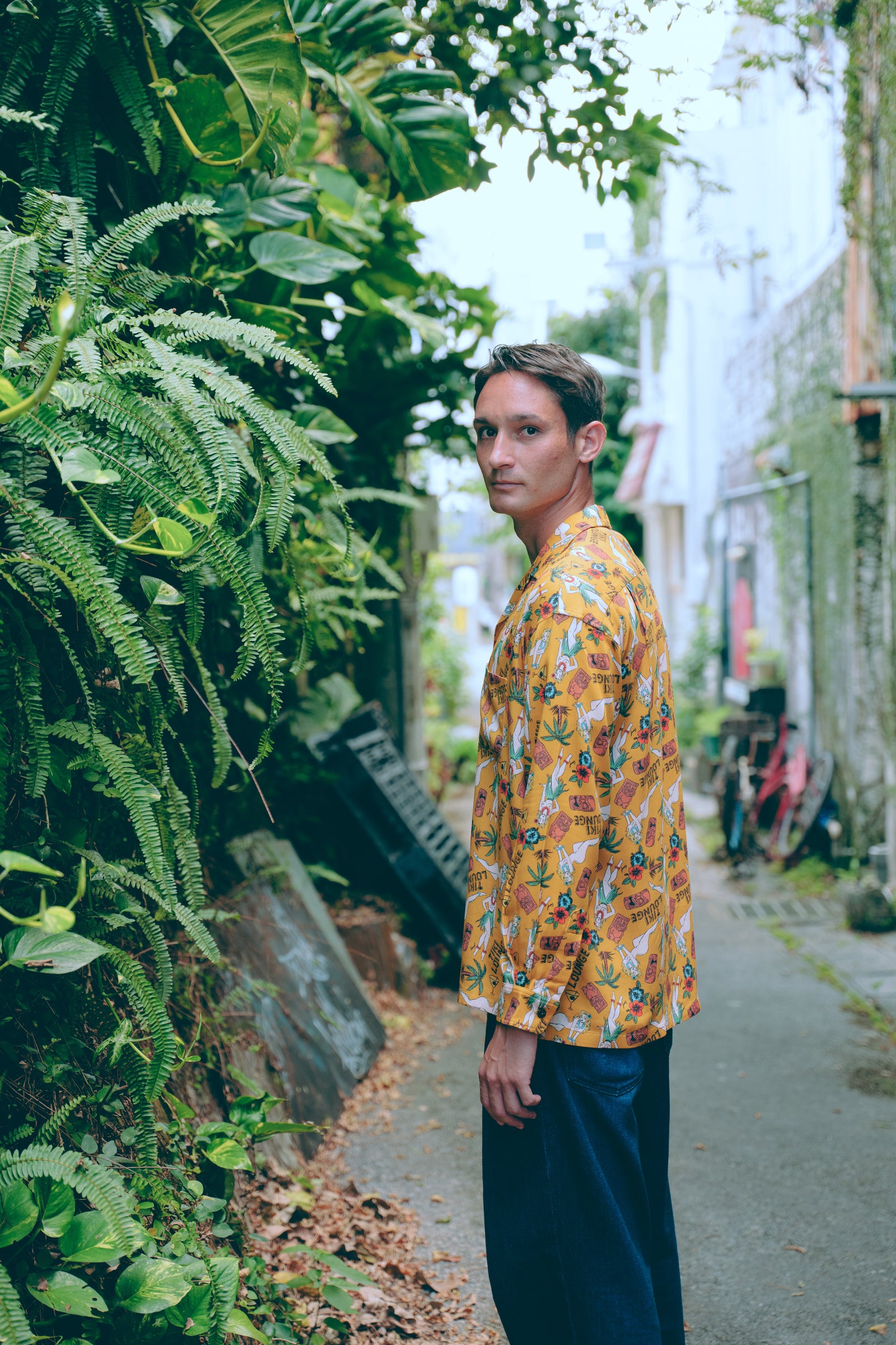 TIKI LOUNGE OKINAWA/ ALOHA SHIRT (mustard) アロハ長袖 – 鶴亀本舗